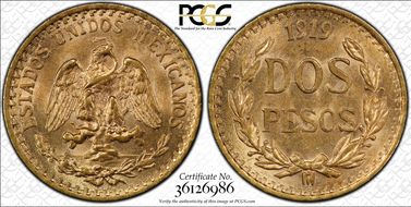 1919-Mo 2 Peso KM-461  Au MS64