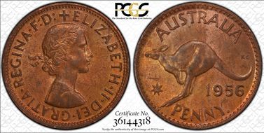 1956 Y. (p) 1D Melbourne obverse MS63RB