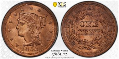 1853 1C Newcomb 25 MS65RD
