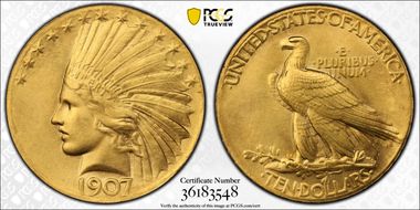1907 $10 Indian, Wire Rim MS67+