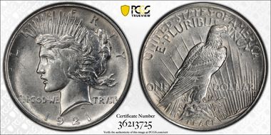 1921 $1 High Relief, Peace AU55