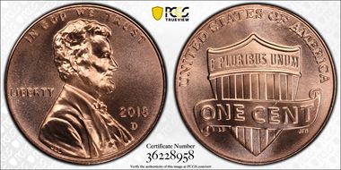 2018-D 1C Shield MS67+ RD