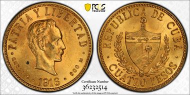 1916 4 Peso KM-18  Au MS63