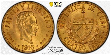 1916 4 Peso KM-18  Au MS64