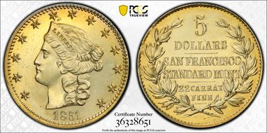 1851 Ni $5 San Francisco Standard Mint MS64