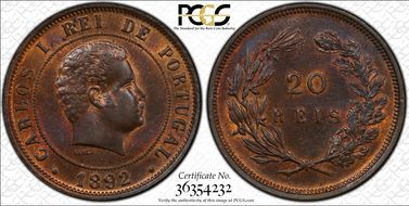 1892 20 Reis MS64RB