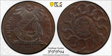 1787 Fugio 1C States United, 4 Cinq MS63BN