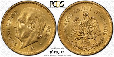 1906-M 5 Peso KM-464  Au MS62