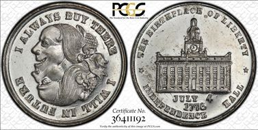 (1876) Token Pa-Ph 226 White Metal Mule w/ Pa-Ph 230 Obv MS64
