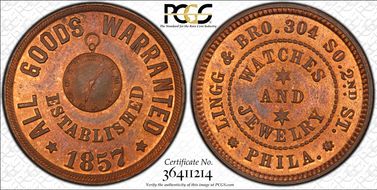 (1876) Token Pa-Ph 222A Copper Lingg & Bro. MS65RB