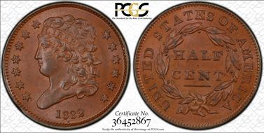 1832 1/2C MS63+ BN