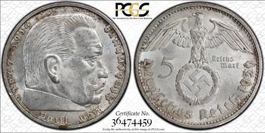 1936-A 5 Mk Swastika J-367 MS63