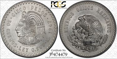 1947-Mo 5 Peso Cuauhtemoc KM-465 Ag MS62