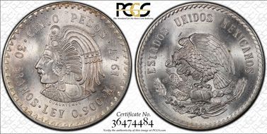 1947-Mo 5 Peso Cuauhtemoc KM-465 Ag MS66