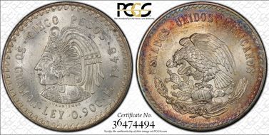 1948-Mo 5 Peso Cuauhtemoc KM-465  Ag MS63