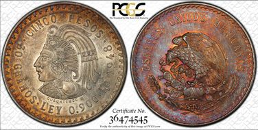 1948-Mo 5 Peso Cuauhtemoc KM-465  Ag MS62