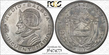 1953 1/2 B 50th Ann. Rep. of Panama KM-20  Ag MS65