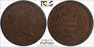 1795 1/2C Plain Edge, No Pole AU50BN