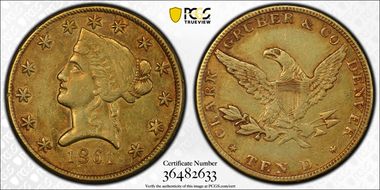 1861 $10 Clark, Gruber & Co. AU50