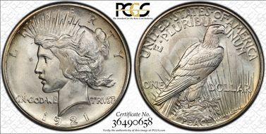 1921 $1 High Relief, Peace MS66