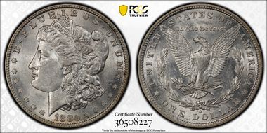 1880-O $1 VAM 6C, 8/7 Ear AU55