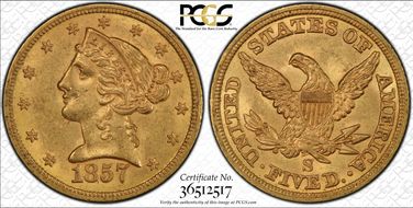 1857-S $5 MS61