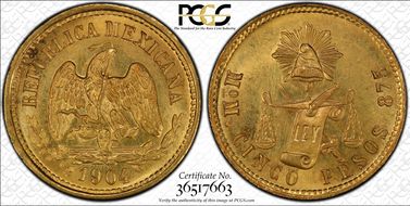 1904-Mo M 5 Peso KM-412.6  Au MS66