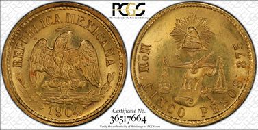 1904-Mo M 5 Peso KM-412.6  Au MS65