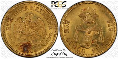 1904-Mo M 5 Peso KM-412.6  Au MS66