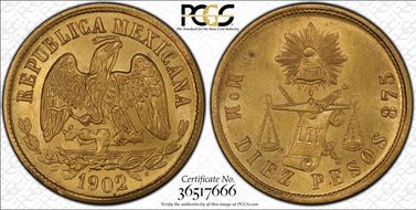 1902-Mo M 10 Peso MS65