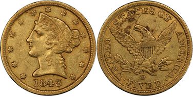 1843-D $5 Small D XF45