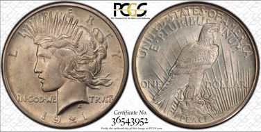 1921 $1 High Relief, Peace MS65