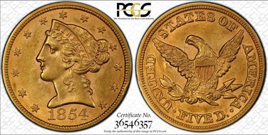 1854 $5 MS62+