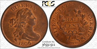 1806 1/2C Large 6, Stems MS63RB