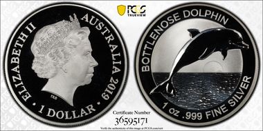 2019 $1 Bottlenose Dolphin Ag First Day of Issue MS70