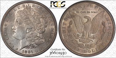 1891-O $1 VAM 1A Clashed E AU58