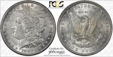 1880-O $1 VAM 6D 8/7 Ear AU55