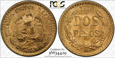 1919-Mo 2 Peso KM-461  Au MS66