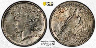 1921 $1 VAM 1F, Polishing Lines Peace MS63