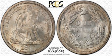 1875-S 10C Mintmark Above Bow MS65+