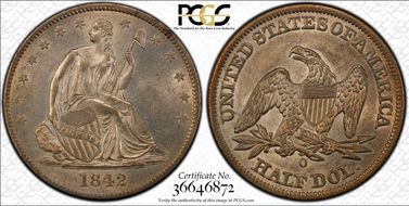 1842-O 50C Medium Date, Rev 1842 AU58