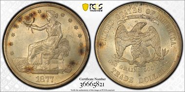 1877-S T$1 Chopmarked AU58