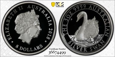 2018-P $8 Silver Swan High Relief 5 oz First Strike PR70DCAM