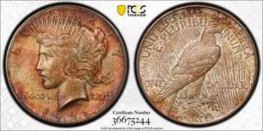 1921 $1 High Relief, Peace MS62