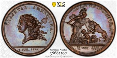 1783 AE Medal Betts-615, Libertas Americana MS64BN