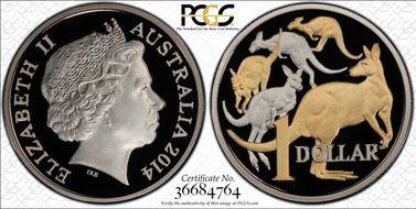 2014 $1 Mob of Roos CuNi Partial Gilt PR70DCAM