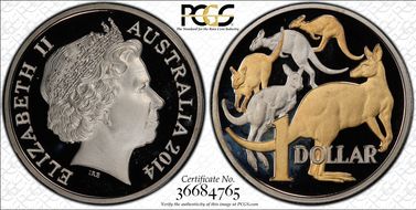 2014 $1 Mob of Roos CuNi Partial Gilt PR67DCAM