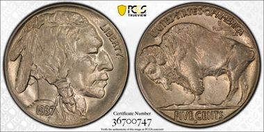 1937-D 5C 3 Legs AU58