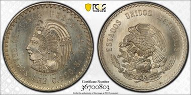 1948-Mo 5 Peso Cuauhtemoc KM-465  Ag MS67