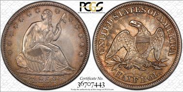 1853 50C Arrows & Rays MS63